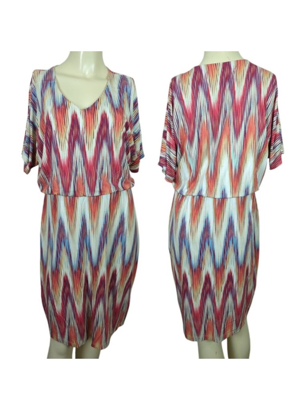 Chico's short sleeve blouson colorful artsy print comfortable dress sz 1 sz 8